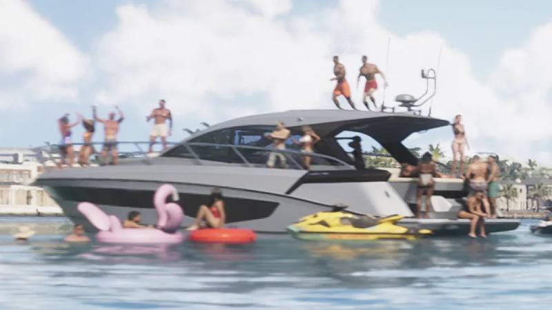 Vue arrière du yacht inspiré de l'Azimut Atlantis 45 dans le second trailer de GTA 6
