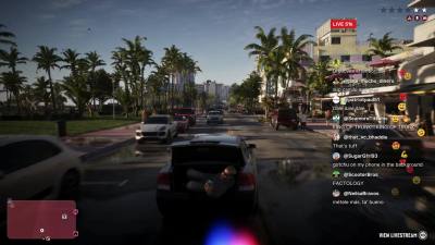 Camilo dans le coffre pendant la fuite de Lucia dans GTA 6, avec le fil de discussion du direct affiché