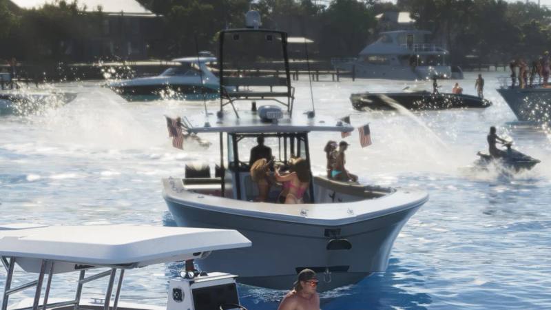 Un bateau inspiré du Contender 39ST à quai dans une marina de GTA 6