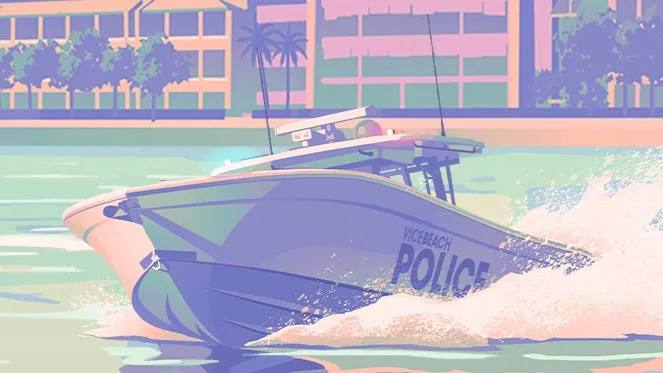Un bateau de police inspiré du Contender 39ST, avec des gyrophares bleus et rouges, patrouillant dans l'eau.