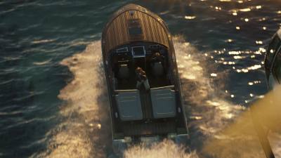 Un bateau de plaisance rapide, inspiré du Frauscher 1017 GT, naviguant sur les eaux de Leonida dans GTA 6.