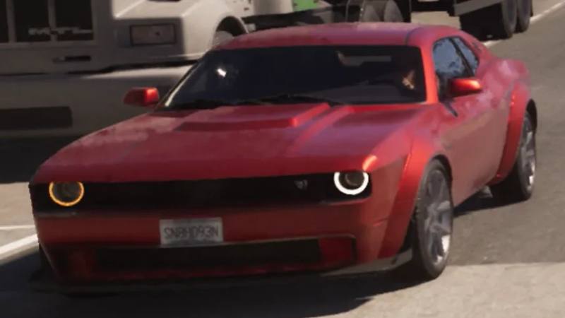 Une Bravado Gauntlet Hellfire orange roulant sur Shore Drive à Vice Beach dans le premier trailer de GTA 6