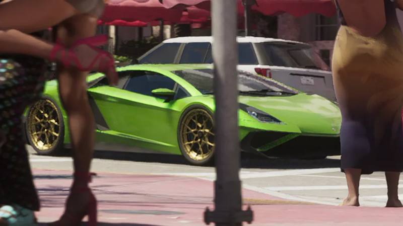Une voiture de sport Pegassi jaune sur l'illustration de la jaquette de GTA 6