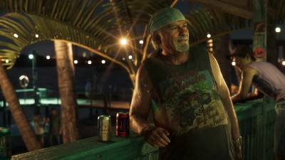 Pilote de la marina de Brian dans GTA 6 se reposant avec Brian Heder sur la terrasse du Rusty Anchor