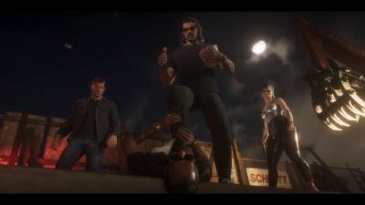 Raul Bautista immobilisant un ennemi du pied tout en mangeant du poulet dans le trailer de lancement de GTA 6
