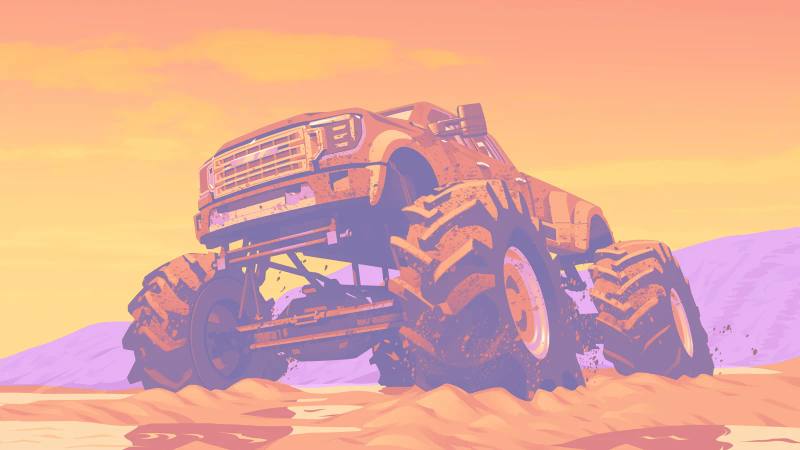 Monster truck Vapid Sandking à roues jumelées dans Grand Theft Auto VI, avec différentes livrées.
