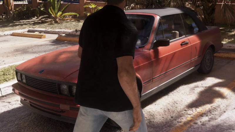 Une Sentinel Classic cabriolet d'Übermacht rouge, vue de l'arrière, dans un screenshot de GTA 6.