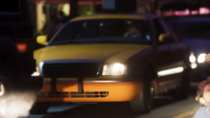 Un Taxi Vapid jaune vu de l'arrière sur une capture d'écran du site The Music of Grand Theft Auto VI.